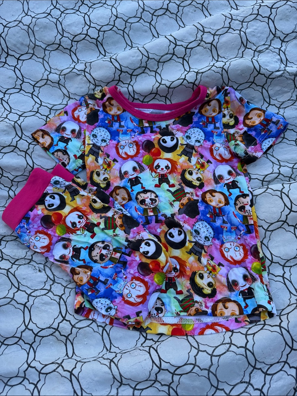 Kids Short Sleeve and Pants Set in Multicolor with Pink Trim